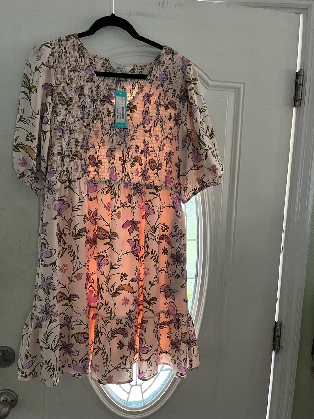Market & Spruce Pink Floral Smocked Mini Dress with Purple Accents